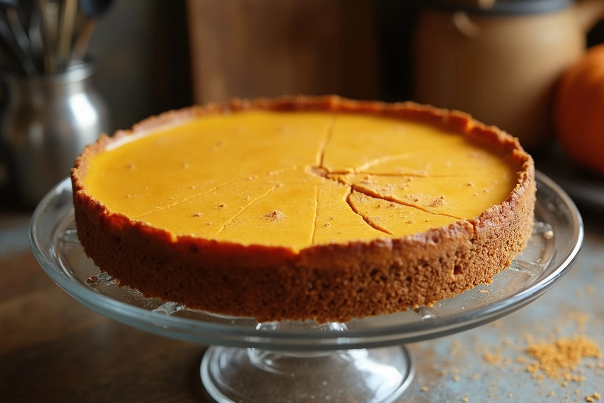 Pumpkin cheesecake with a visible crack on the surface