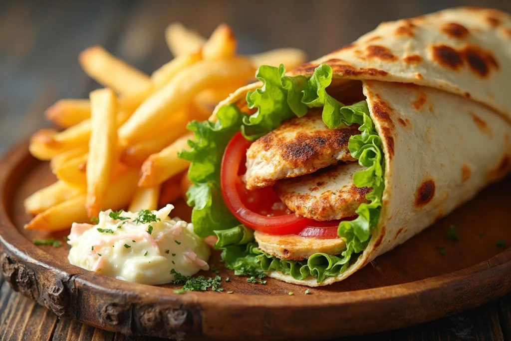 Chicken wrap served with French fries and coleslaw on the side.