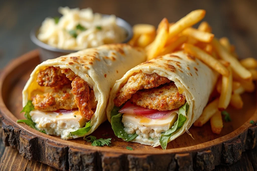 Chicken wrap served with French fries and coleslaw on the side.