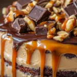 Close-up of layered Snickers cake with caramel, ganache, and Snickers bars.