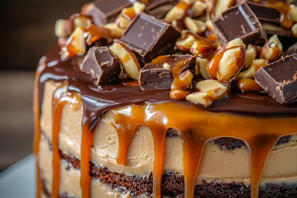 Close-up of layered Snickers cake with caramel, ganache, and Snickers bars.