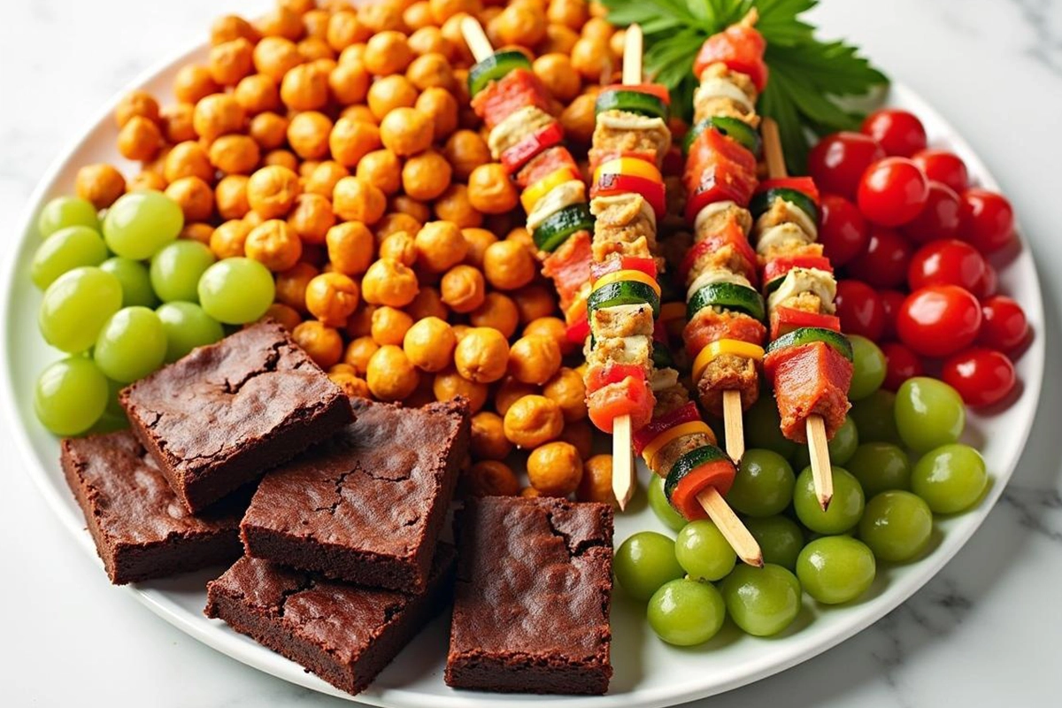 Platter of gluten-free party snacks including veggie skewers and gluten-free brownies.