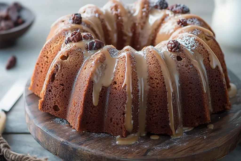 Golden-brown Bundt cake with fluted edges on a rustic wooden table