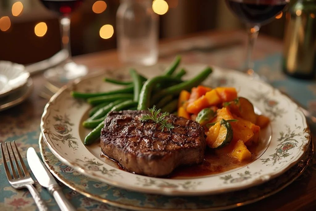 A beautifully set dinner table with steak, roasted vegetables, and a wine bottle, perfect for a birthday celebration.