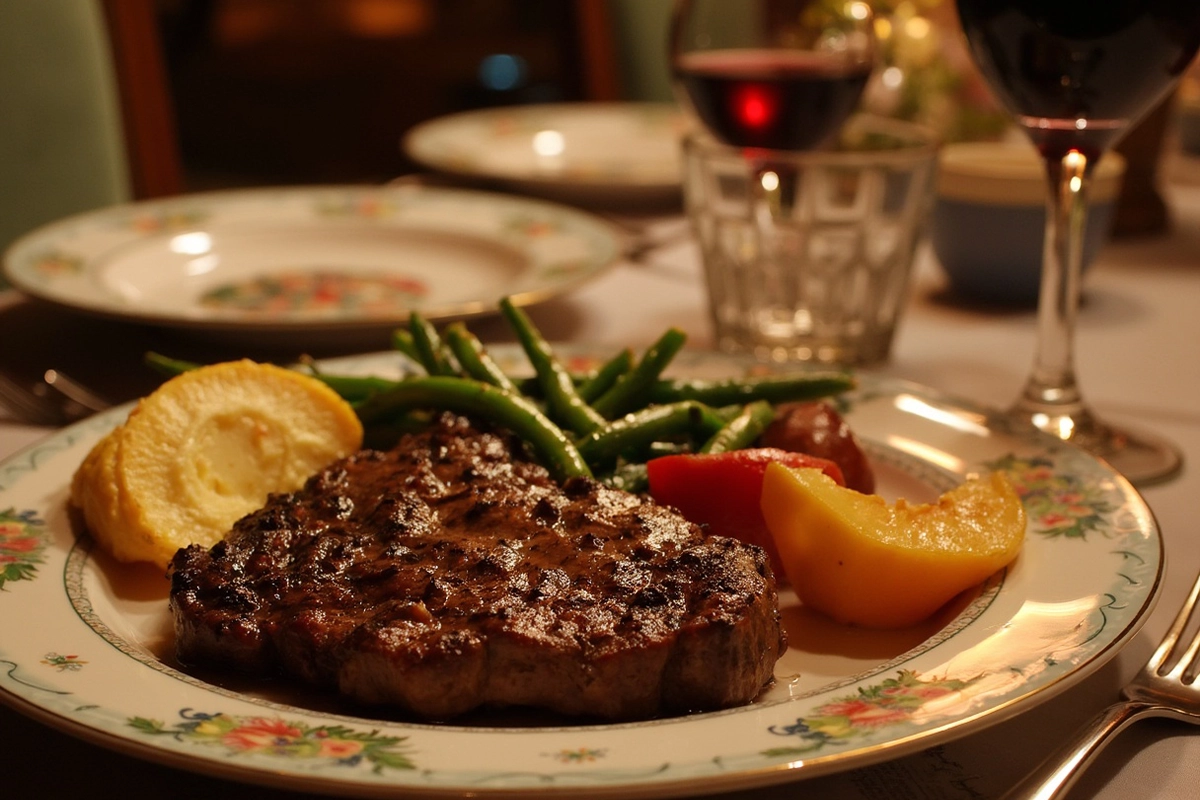 A beautifully set dinner table with steak, roasted vegetables, and a wine bottle, perfect for a birthday celebration.