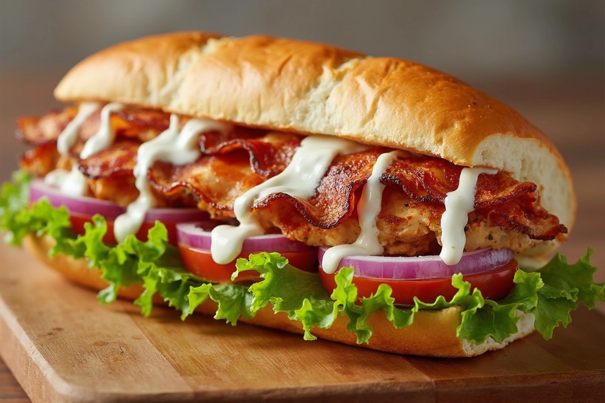 Subway Chicken Bacon Ranch sandwich with bacon, chicken, melted cheese, and ranch dressing on fresh bread.