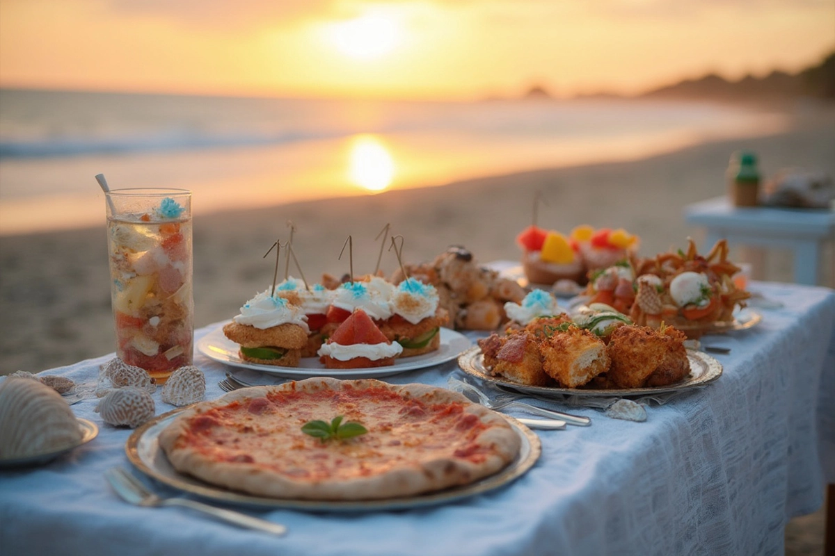 A colorful birthday table with pizza, sliders, cupcakes, and finger foods for a perfect birthday party menu