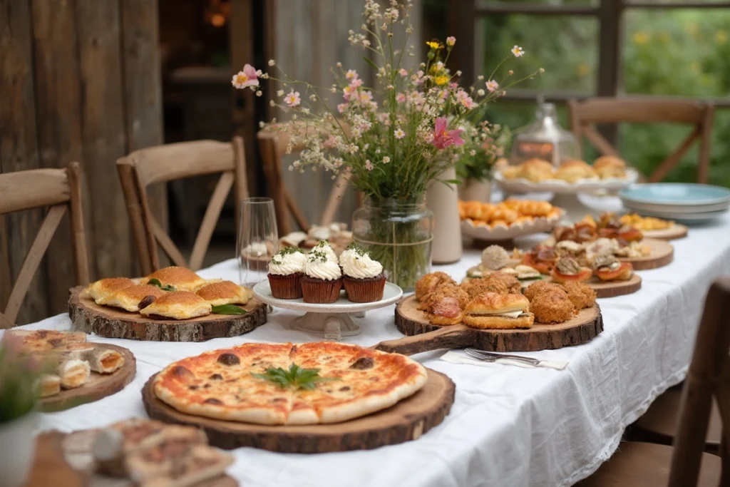 A colorful birthday table with pizza, sliders, cupcakes, and finger foods for a perfect birthday party menu