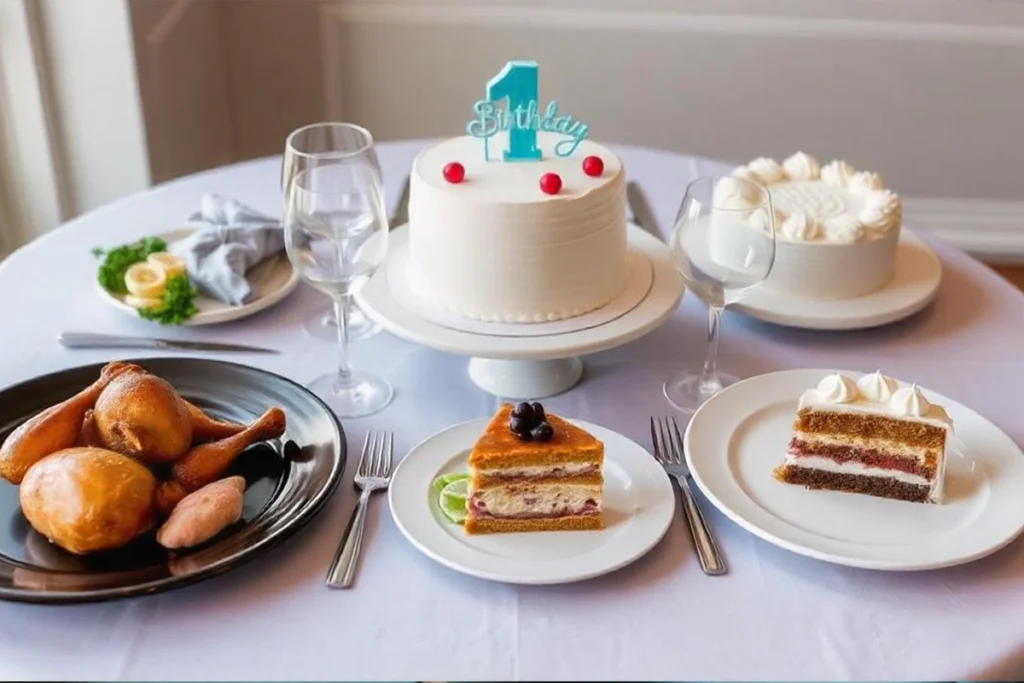 A beautifully set birthday dinner table featuring a variety of gourmet dishes and desserts