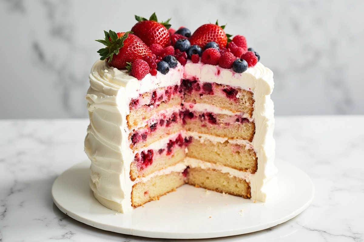 Freshly decorated Berry Chantilly Cake with layers of vanilla sponge, Chantilly cream, and fresh mixed berries.