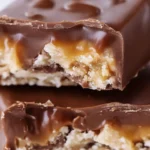 A simple close-up photo of a Snickers candy bar, showing its chocolate coating and a small cut section revealing the caramel, nougat, and peanuts inside.