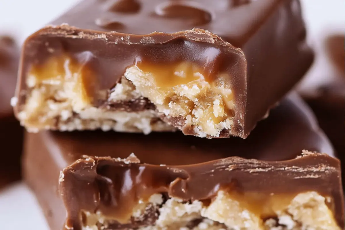 A simple close-up photo of a Snickers candy bar, showing its chocolate coating and a small cut section revealing the caramel, nougat, and peanuts inside.