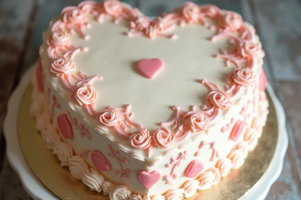 Heart-shaped vintage cake with intricate piping and pastel colors, perfect for weddings, Valentine's Day, and special celebrations.