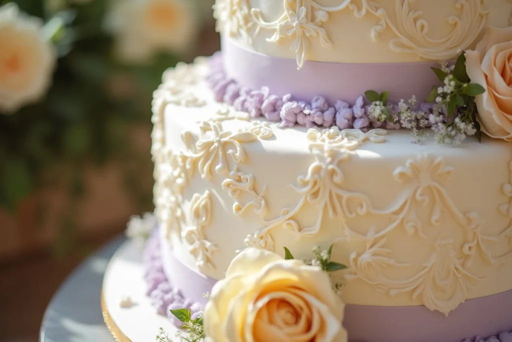 A beautifully decorated vintage style cake with buttercream piping and pastel colors.