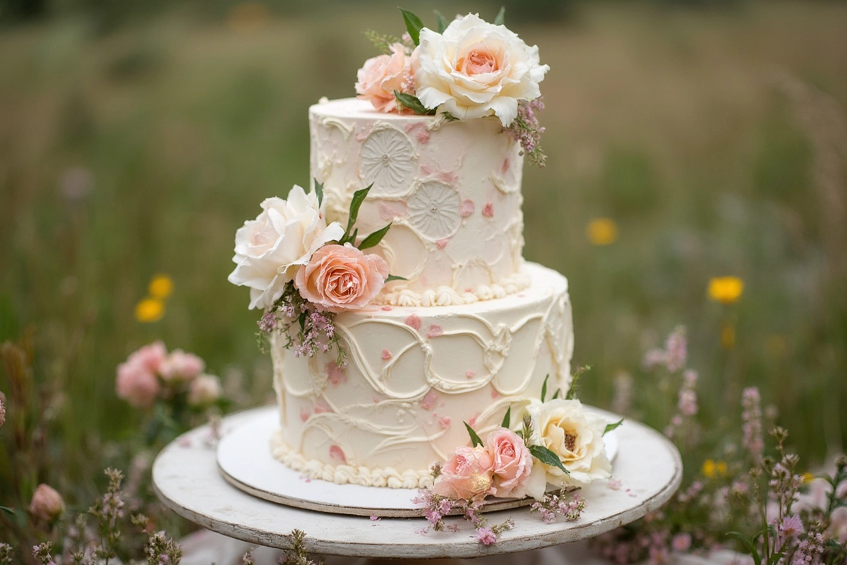 A beautifully decorated vintage style cake with buttercream piping and pastel colors.