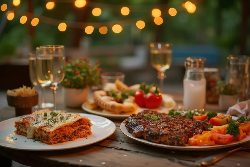 A beautifully prepared birthday dinner with lasagna, grilled steak, and roasted vegetables, perfect for celebrating a special occasion.