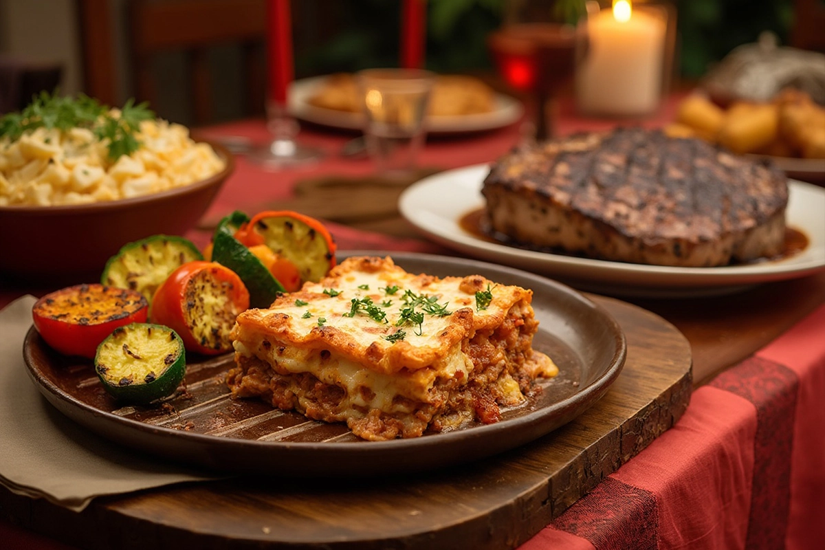 A beautifully prepared birthday dinner with lasagna, grilled steak, and roasted vegetables, perfect for celebrating a special occasion.