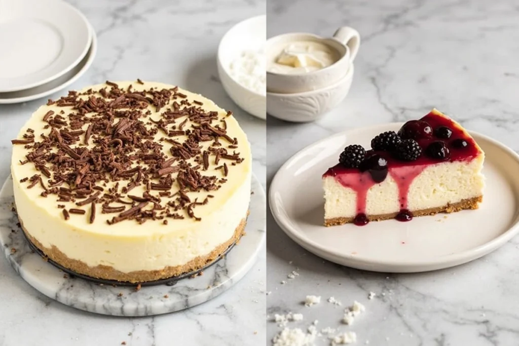 A side-by-side comparison of New York style cheesecake and regular cheesecake, highlighting their differences in texture and appearance.