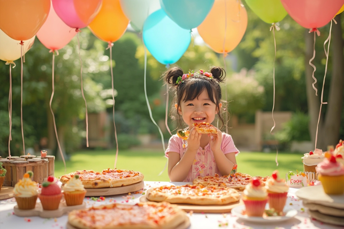 A colorful table set with pizza, cupcakes, and snacks, perfect for a birthday party celebration.