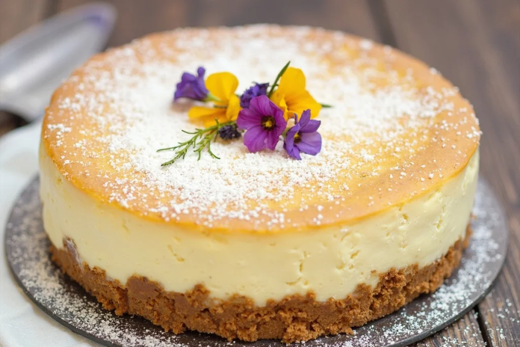 A perfectly baked cheesecake with a smooth top, showcasing the secrets to creating a creamy and crack-free cheesecake.