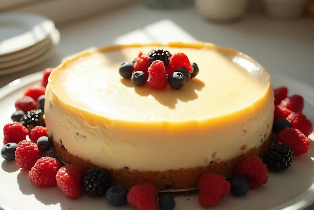 A perfectly baked cheesecake with a smooth top, showcasing the secrets to creating a creamy and crack-free cheesecake.