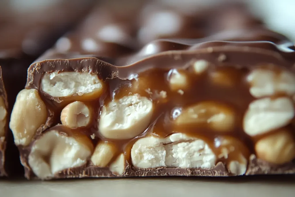 Close-up of a sliced Snickers bar showing nougat, caramel, peanuts, and chocolate.