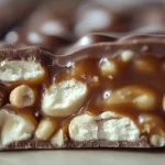 Close-up of a sliced Snickers bar showing nougat, caramel, peanuts, and chocolate.