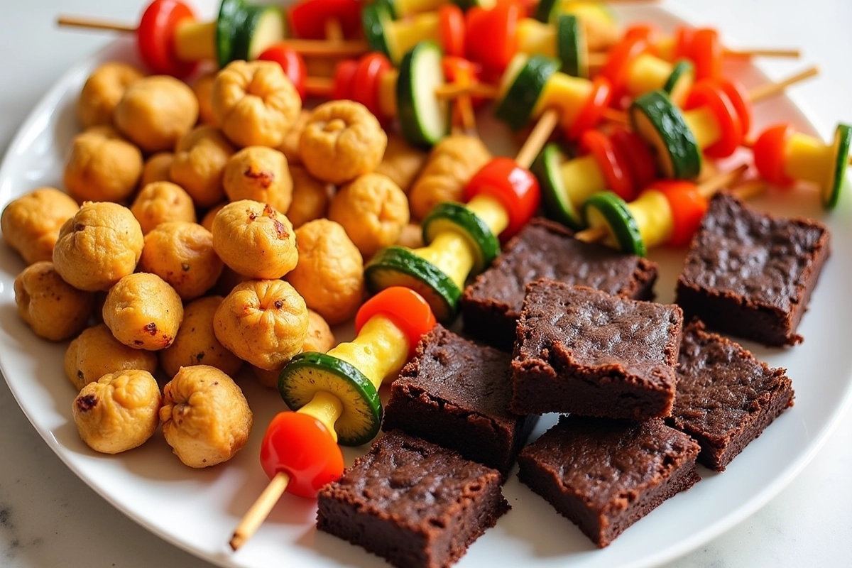 A selection of gluten-free nibbles including roasted chickpeas, mini veggie skewers, and brownies.