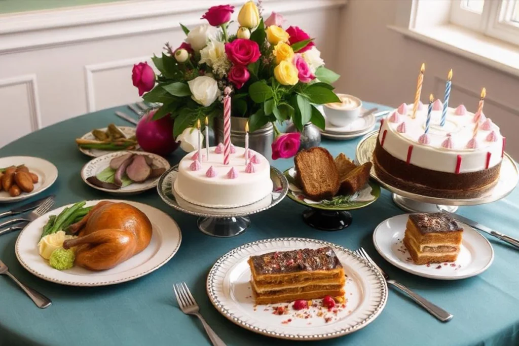 Table set with gourmet birthday meal options including roast chicken, filet mignon, and a birthday cake