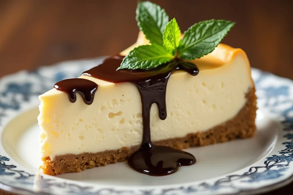 A slice of classic cheesecake with a graham cracker crust on a white plate, symbolizing gluten content in traditional recipes.