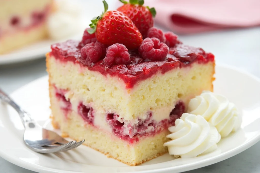 Berry Chantilly Cake topped with fresh cream and berries