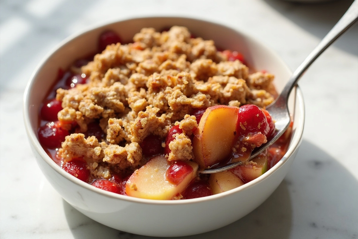 Apple cranberry crisp with oat topping in a baking dish.