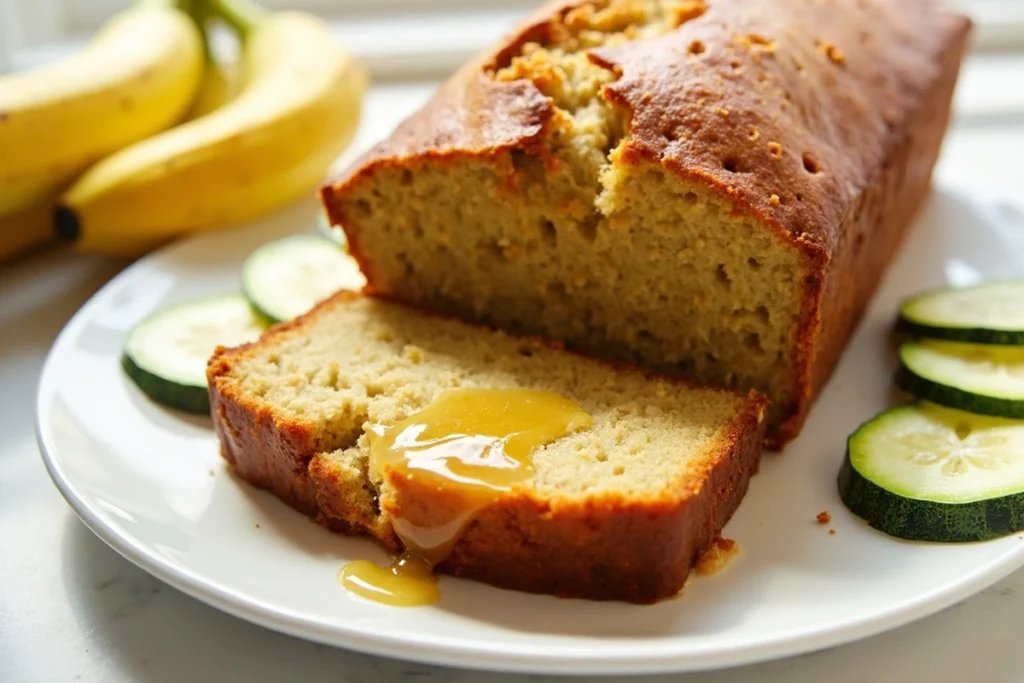 Freshly baked banana zucchini bread loaf with moist texture and golden brown crust