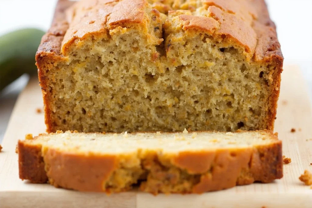 Freshly baked banana zucchini bread loaf with moist texture and golden brown crust