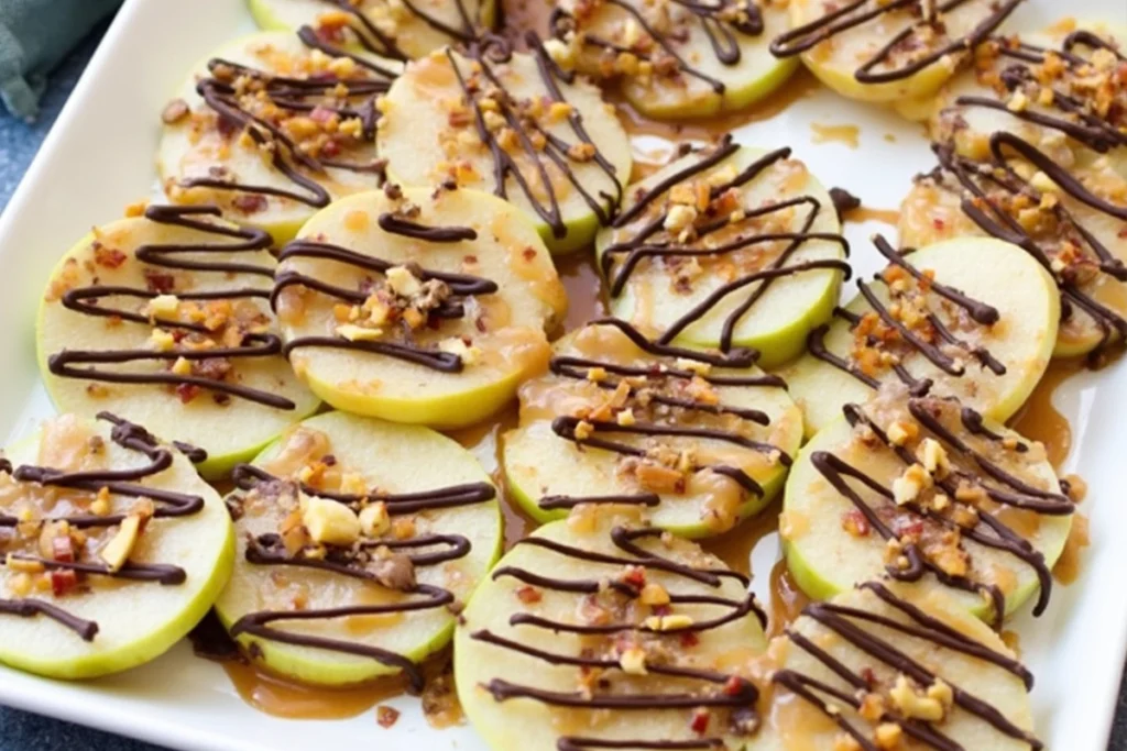 Fresh Caramel Apple Slices with a drizzle of chocolate and topped with crushed nuts.