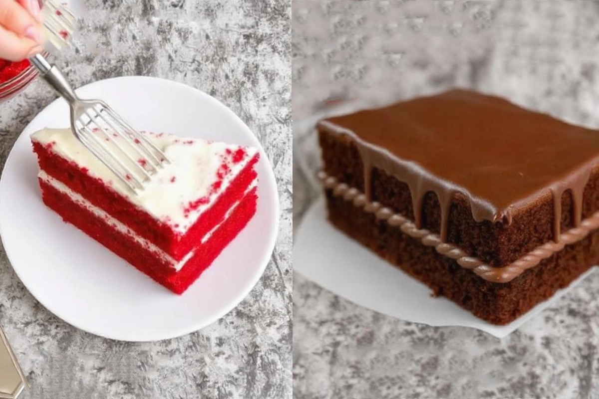 Close-up of red velvet and chocolate cake slices side by side, highlighting texture differences.