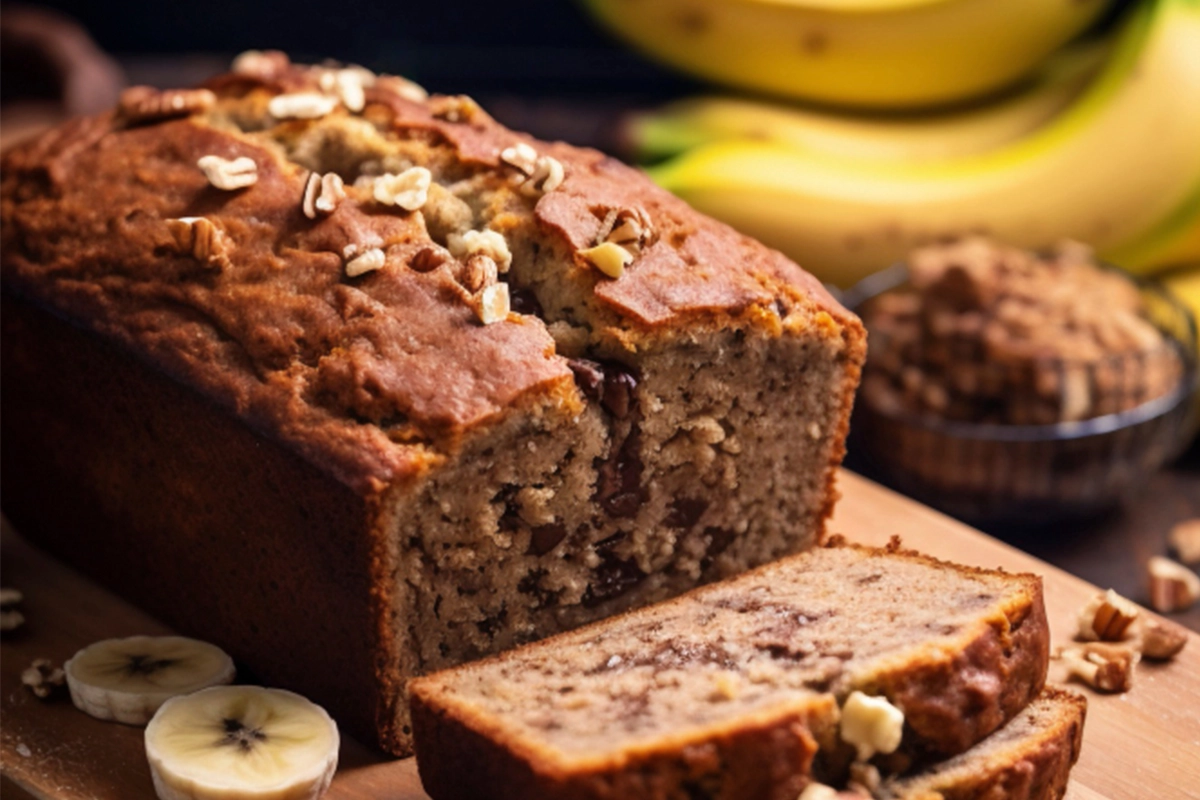 A loaf of Hawaiian banana bread with pineapple and coconut slices on a wooden cutting board.