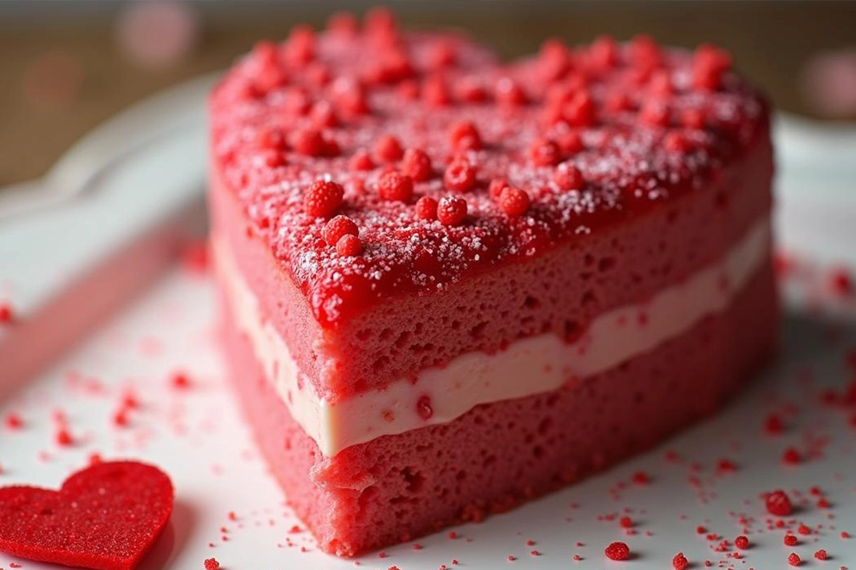 A heart-shaped cake decorated with pink frosting and sprinkles.