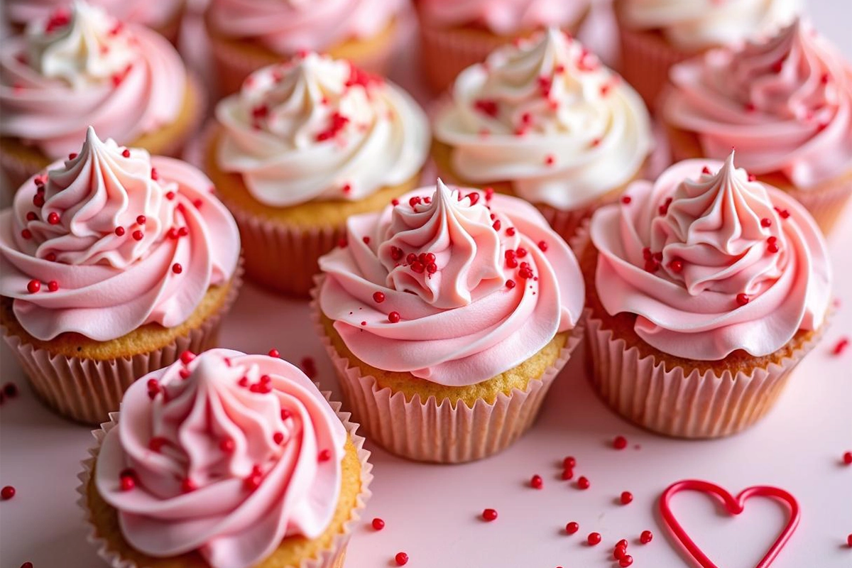 Heart-shaped cupcakes with frosting and sprinkles.