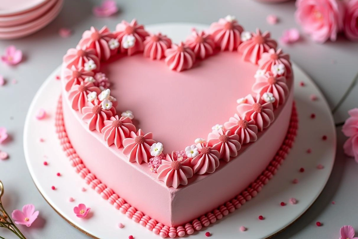 A beautifully decorated heart-shaped cake with pink frosting and floral accents.