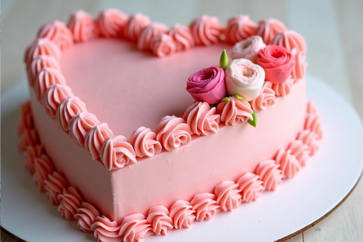 A heart-shaped cake decorated with pink buttercream and fresh berries.