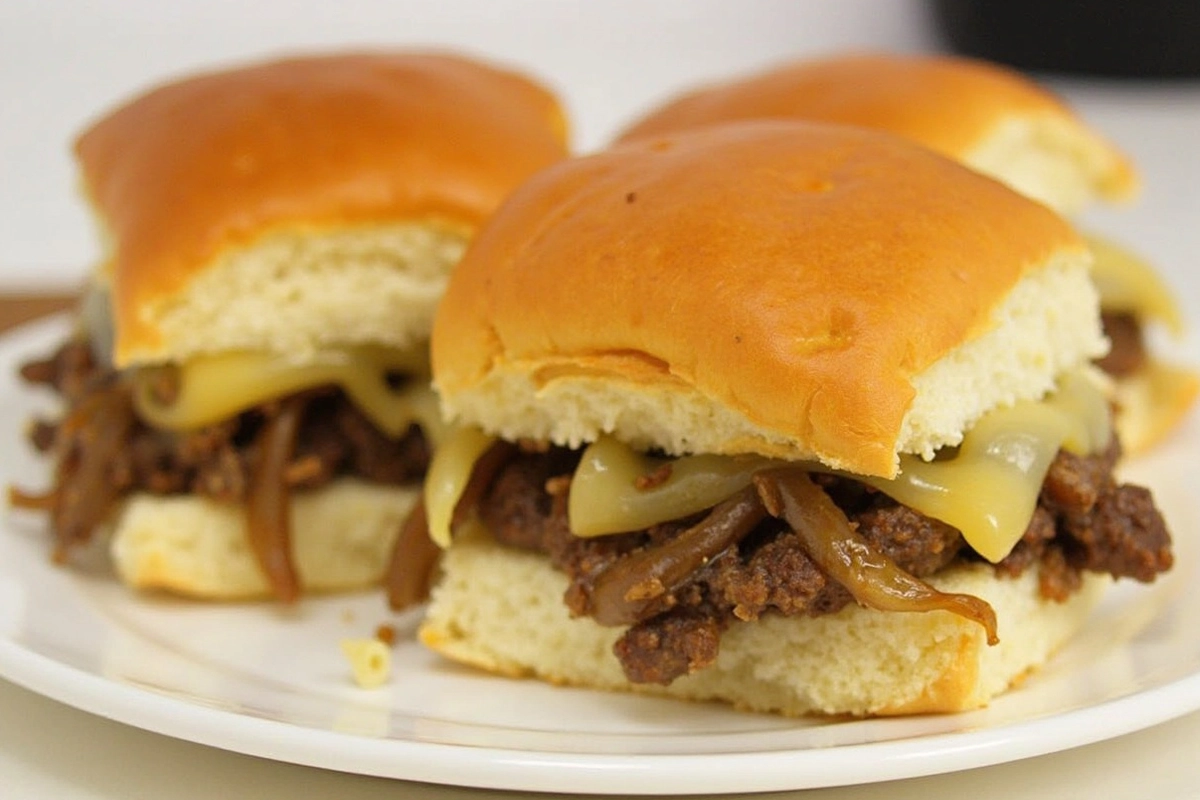 "Philly cheesesteak sliders with melted cheese and caramelized onions on soft buns, perfect for parties or casual gatherings.