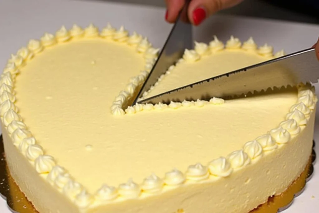 A knife cutting into a heart-shaped cake with pink frosting.