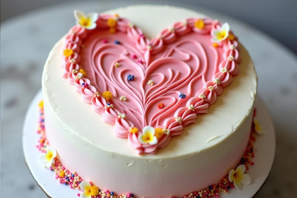 A heart-shaped design piped onto a cake with buttercream.