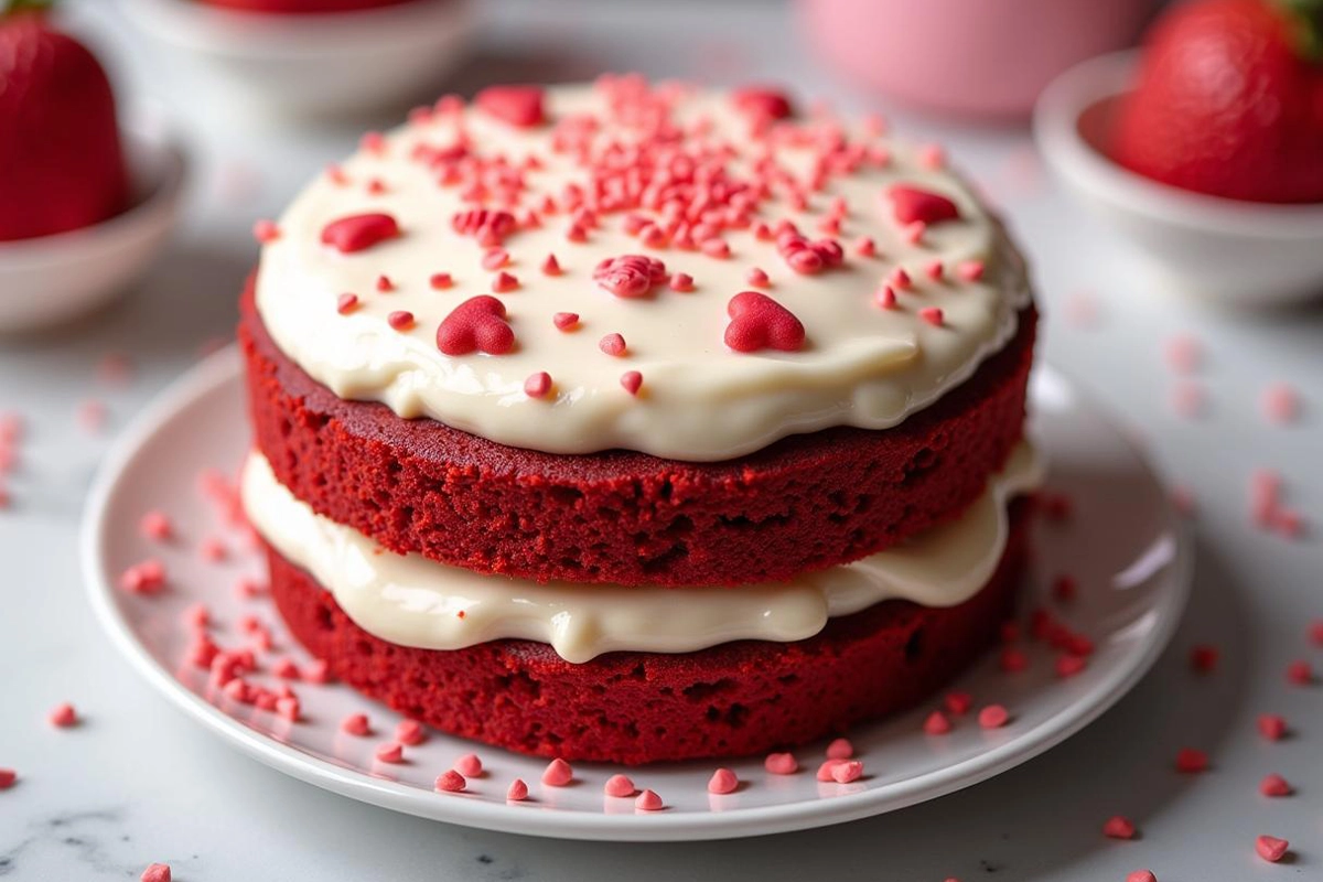 A red velvet cake with a cream cheese frosting and sprinkled