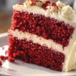 Red velvet cake with cream cheese frosting on a white plate, displaying its rich red color and soft, moist texture