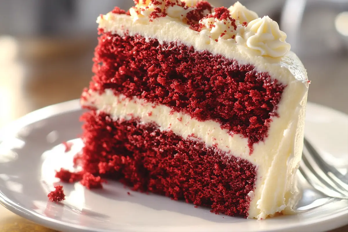 Red velvet cake with cream cheese frosting on a white plate, displaying its rich red color and soft, moist texture