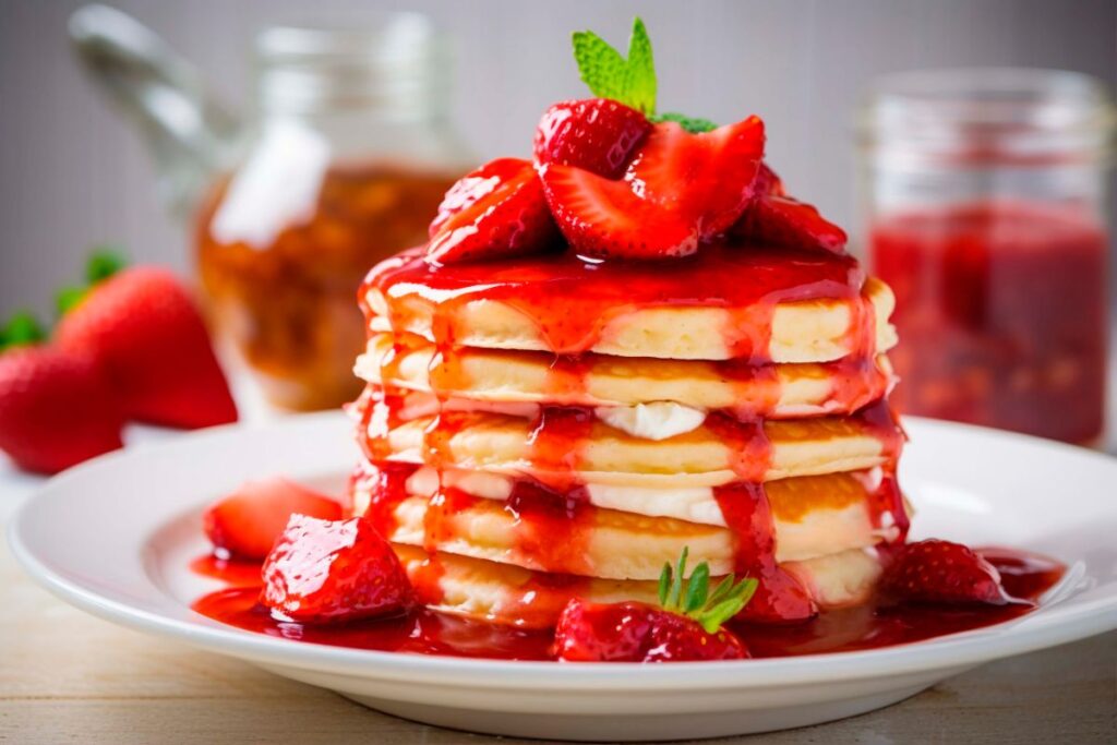 Stack of fluffy red velvet pancakes topped with cream cheese drizzle