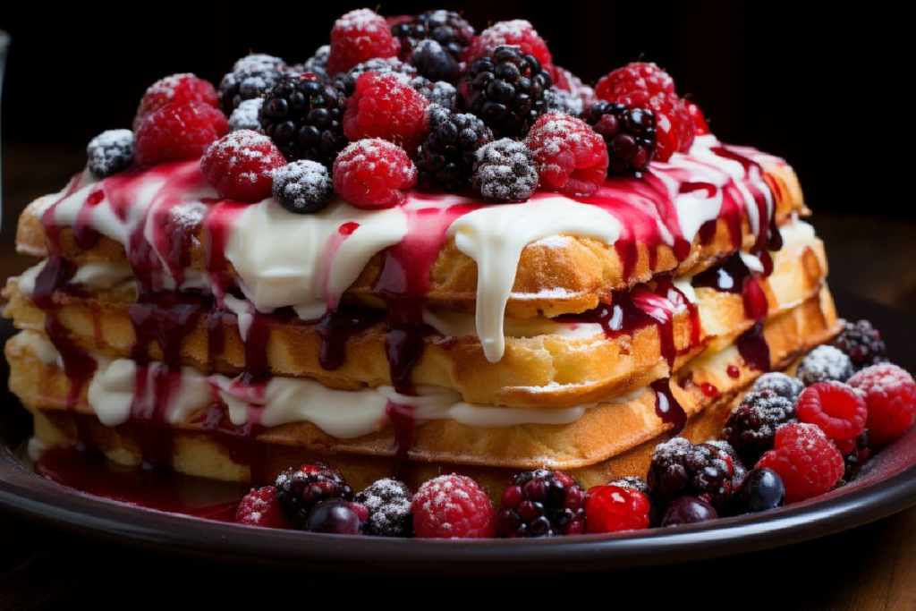 tack of Red Velvet Pancakes topped with cream cheese frosting and fresh berries