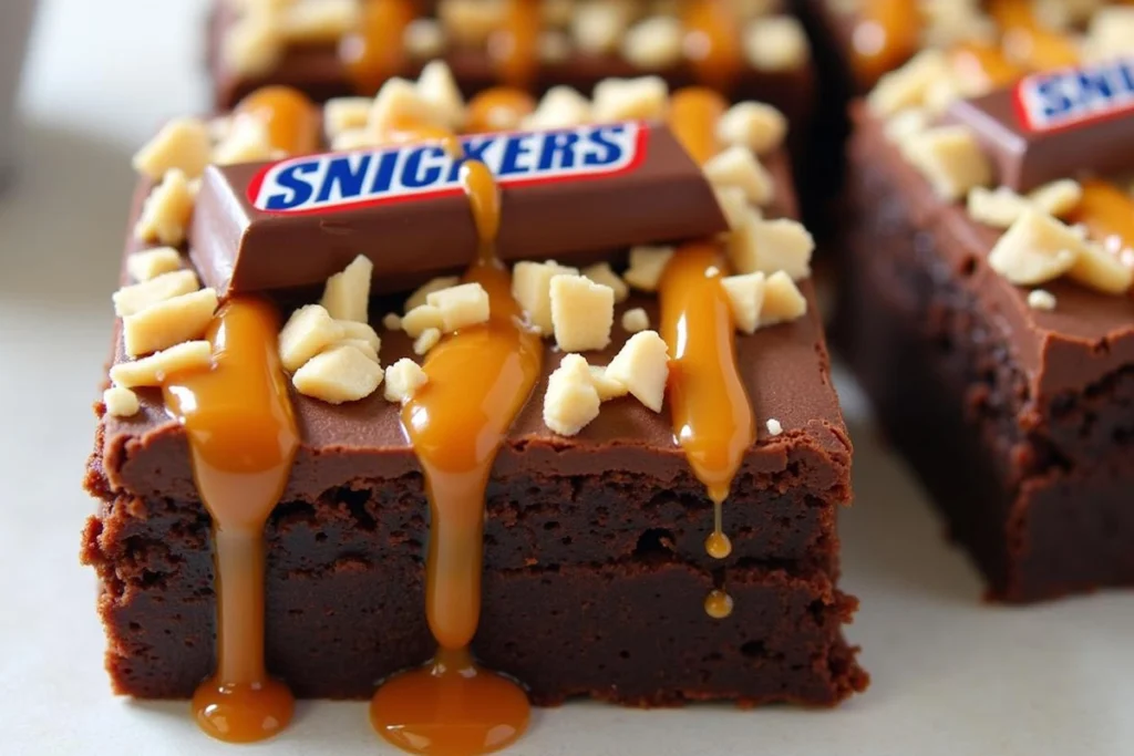 Decadent Snickers cake with layers of chocolate, nougat, and caramel